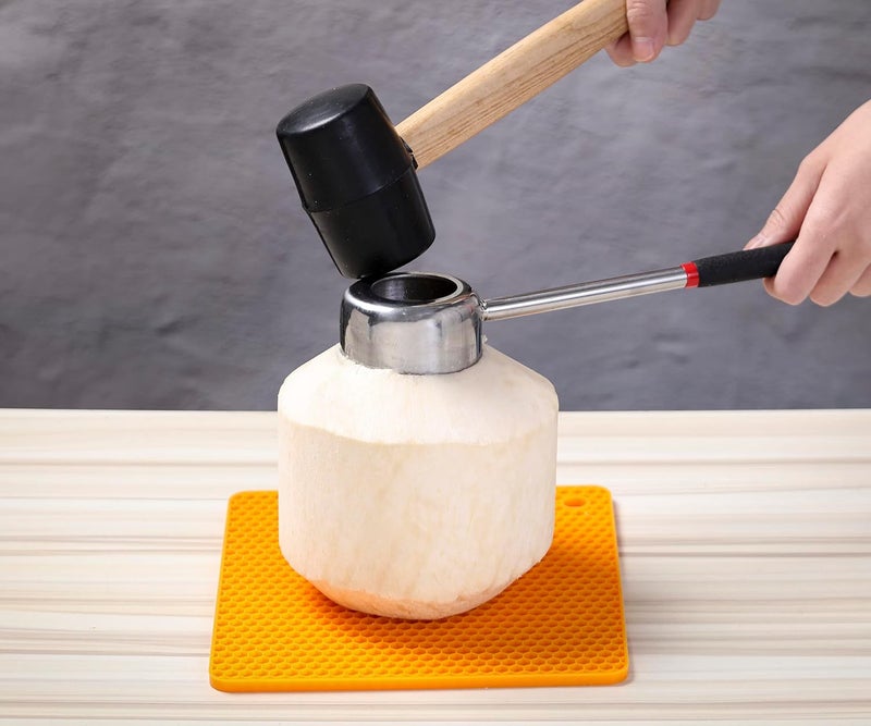 CJFocus Coconut Opener Tool Set, Food Grade Stainless Steel Coco Opener Kit for Coconut Young & Mature, Coconut Shell Puncher Knife, Rubber Hammer with Wood Handle, Silicone Mat Shockproof - Image 2